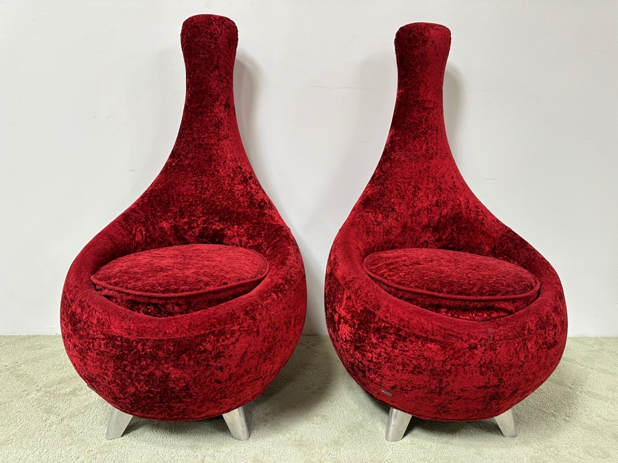 Pair Of Iconic Bretz Furniture Designer Red Velvet Lounge Chairs Made In Germany 26W X 27D X 49H [Photo 2]