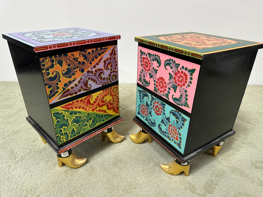Tom's Drag Toms Company Hand Painted Pair Of Drag Chests 2 Drawers With Footed Feet 13.5W X 13.5D X 20H [Photo 11]