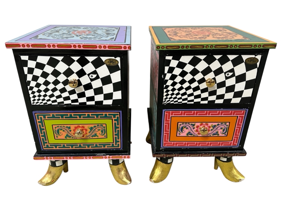 Tom's Drag Toms Company Hand Painted Pair Of Drag Chests 2 Drawers With Footed Feet 13.5W X 13.5D X 20H