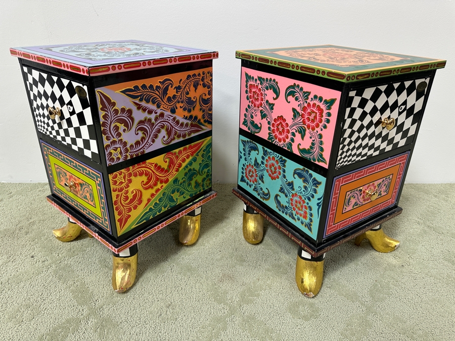 Tom's Drag Toms Company Hand Painted Pair Of Drag Chests 2 Drawers With Footed Feet 13.5W X 13.5D X 20H [Photo 9]