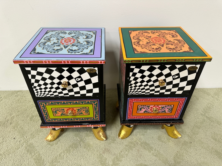 Tom's Drag Toms Company Hand Painted Pair Of Drag Chests 2 Drawers With Footed Feet 13.5W X 13.5D X 20H [Photo 4]