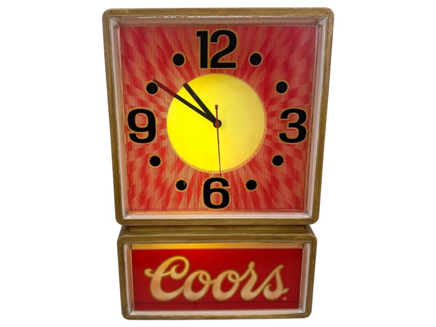 Vintage 1986 Coors Beer Advertising Wall Clock Working - Light Flickers And Needs Replacement 13.5W X 21.5H X 5D [Photo 1]