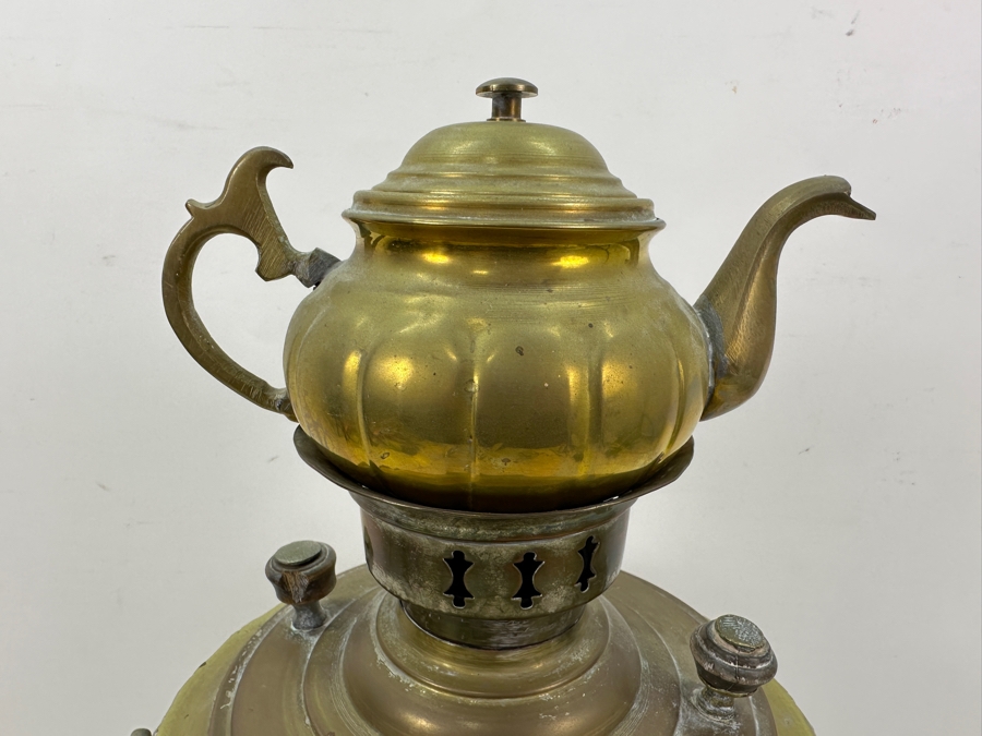 Antique Brass Russian Samovar With Teapot On Top 23'H And Tray 12' X 17' [Photo 3]