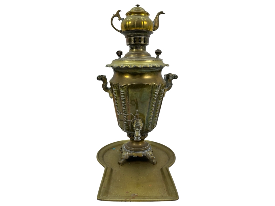 Antique Brass Russian Samovar With Teapot On Top 23'H And Tray 12' X 17' [Photo 1]