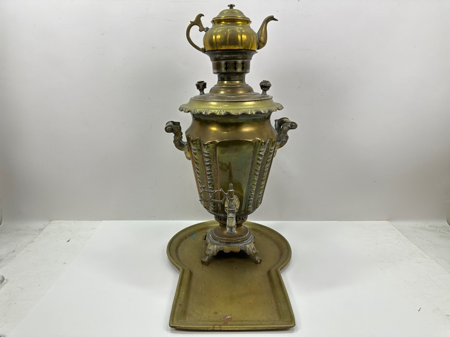 Antique Brass Russian Samovar With Teapot On Top 23'H And Tray 12' X 17' [Photo 2]