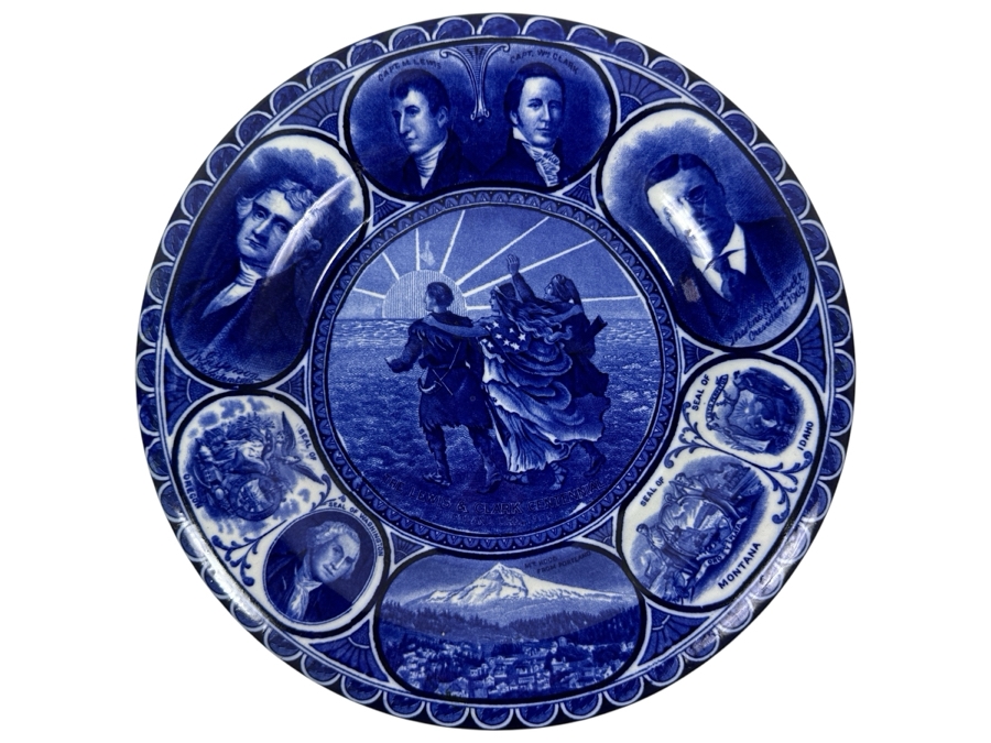 Antique 1905 Souvenir Flow Blue Collector Plate Of Lewis & Clark Centennial Portland Oregon 1905 Staffordshire England 10W [Photo 1]