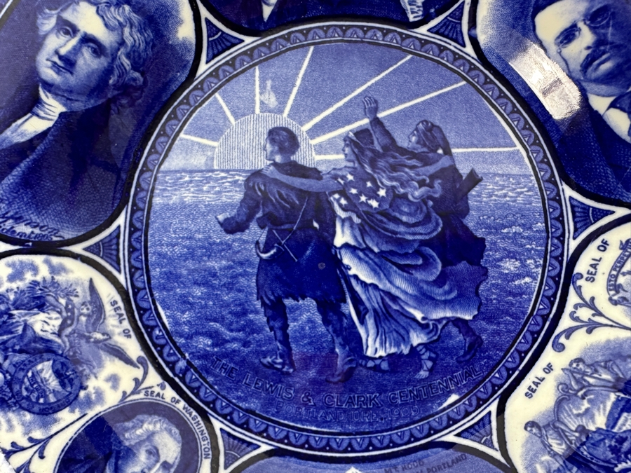 Antique 1905 Souvenir Flow Blue Collector Plate Of Lewis & Clark Centennial Portland Oregon 1905 Staffordshire England 10W [Photo 2]