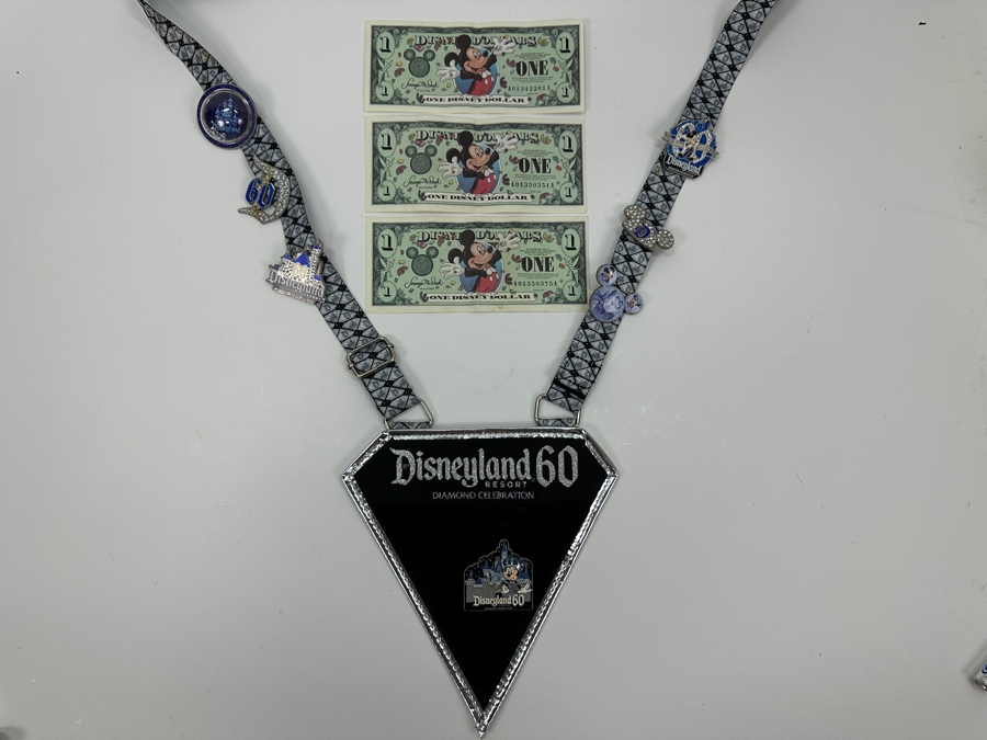 Vintage Disneyland 60 Year Anniversary Diamond Celebration With Seven Disney Trading Pins And Three $1 Disney Dollars [Photo 2]