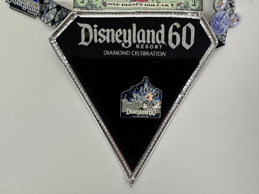 Vintage Disneyland 60 Year Anniversary Diamond Celebration With Seven Disney Trading Pins And Three $1 Disney Dollars [Photo 13]