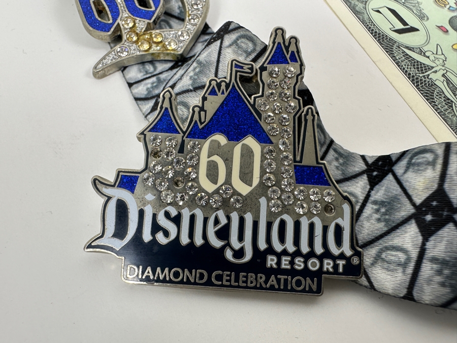 Vintage Disneyland 60 Year Anniversary Diamond Celebration With Seven Disney Trading Pins And Three $1 Disney Dollars [Photo 7]
