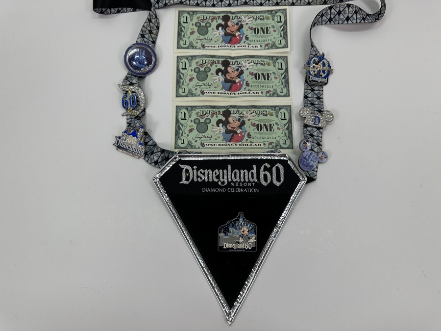 Vintage Disneyland 60 Year Anniversary Diamond Celebration With Seven Disney Trading Pins And Three $1 Disney Dollars [Photo 4]
