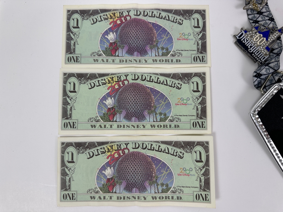 Vintage Disneyland 60 Year Anniversary Diamond Celebration With Seven Disney Trading Pins And Three $1 Disney Dollars [Photo 17]