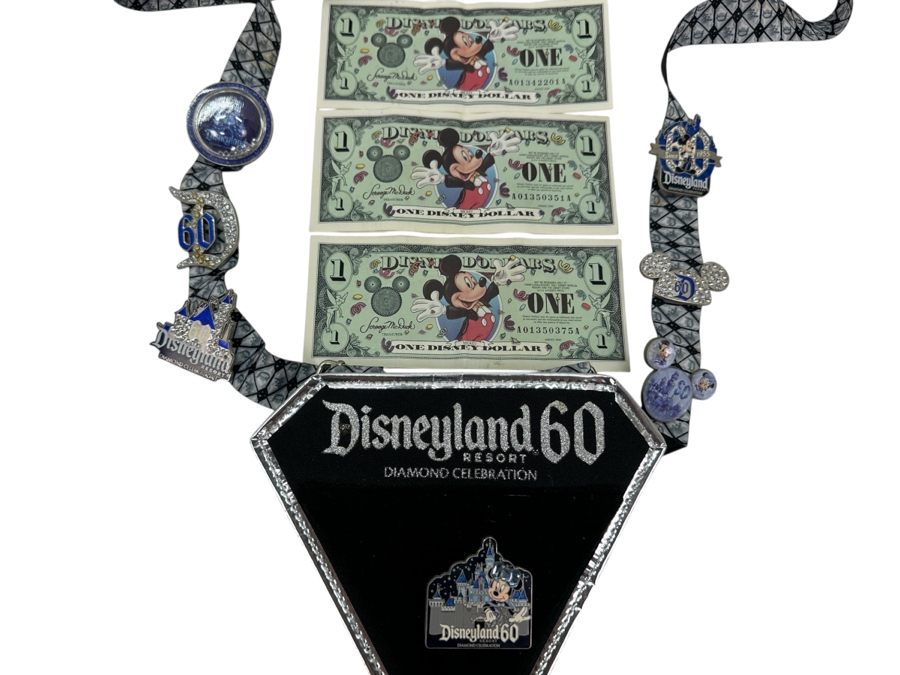 Vintage Disneyland 60 Year Anniversary Diamond Celebration With Seven Disney Trading Pins And Three $1 Disney Dollars