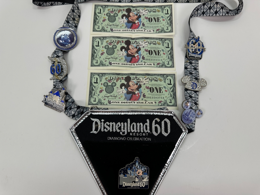 Vintage Disneyland 60 Year Anniversary Diamond Celebration With Seven Disney Trading Pins And Three $1 Disney Dollars [Photo 3]