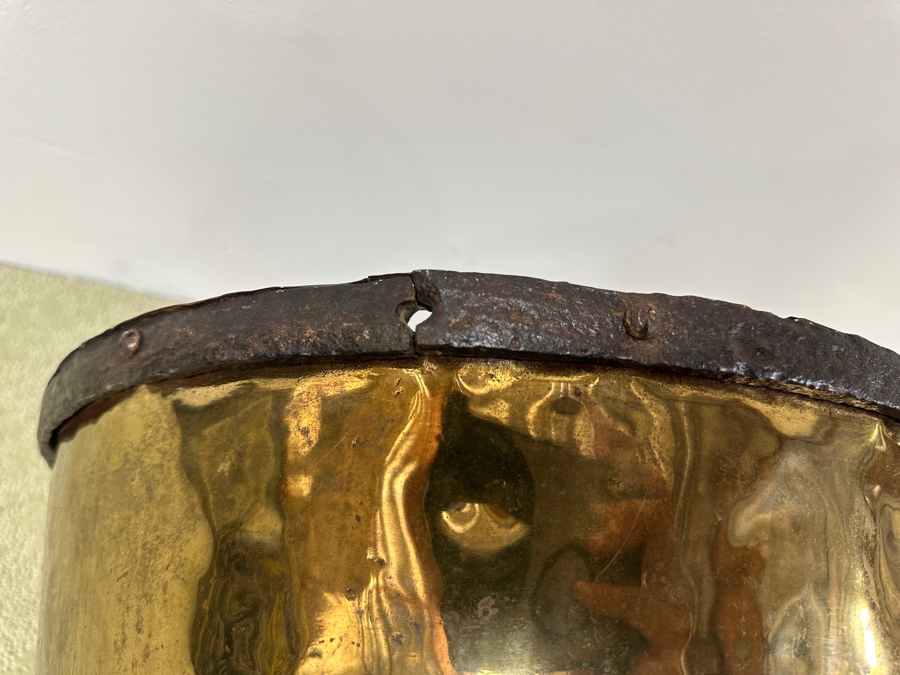Just Added - Antique Hammered Brass Bucket With Hand Wrought Iron Handle 18W X 11H [Photo 10]