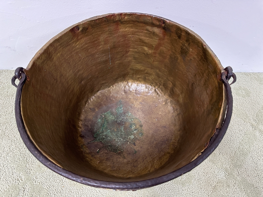 Just Added - Antique Hammered Brass Bucket With Hand Wrought Iron Handle 18W X 11H [Photo 4]