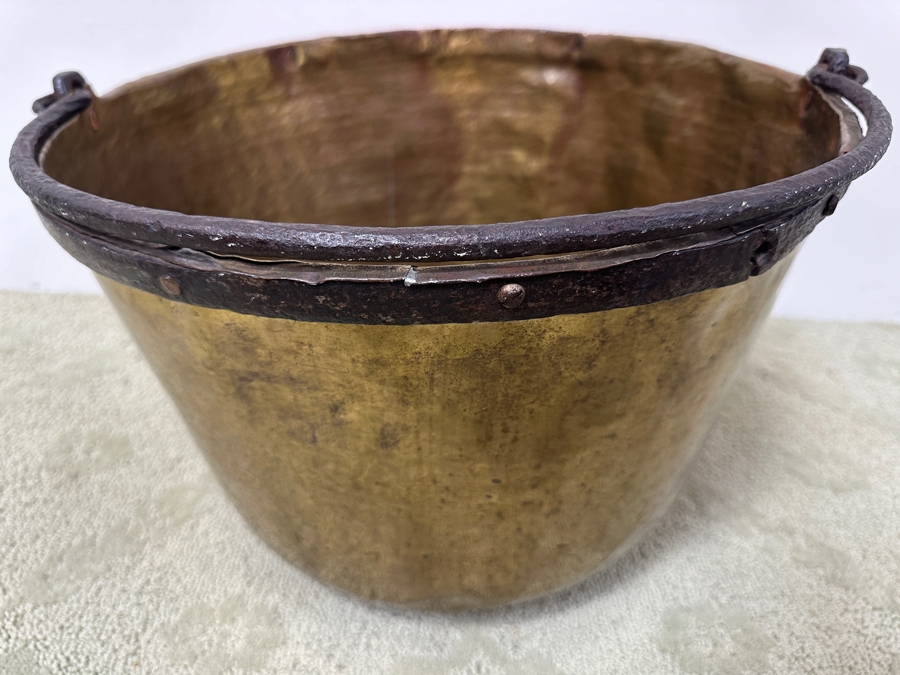 Just Added - Antique Hammered Brass Bucket With Hand Wrought Iron Handle 18W X 11H [Photo 2]