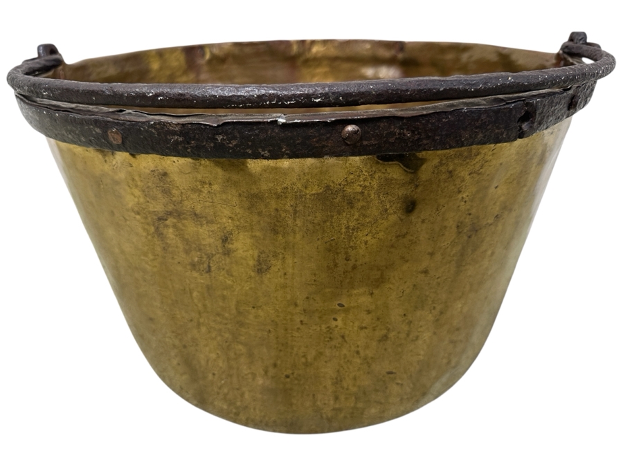 Just Added - Antique Hammered Brass Bucket With Hand Wrought Iron Handle 18W X 11H
