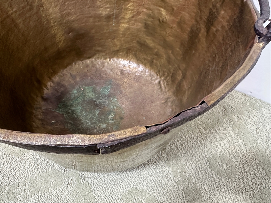 Just Added - Antique Hammered Brass Bucket With Hand Wrought Iron Handle 18W X 11H [Photo 8]