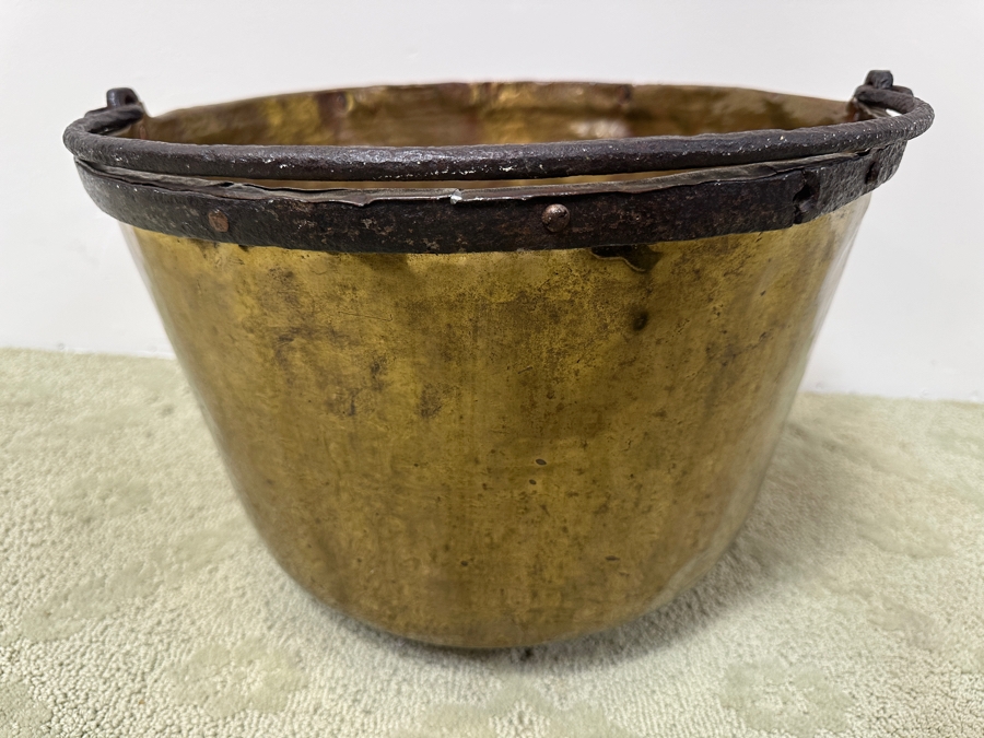 Just Added - Antique Hammered Brass Bucket With Hand Wrought Iron Handle 18W X 11H [Photo 3]