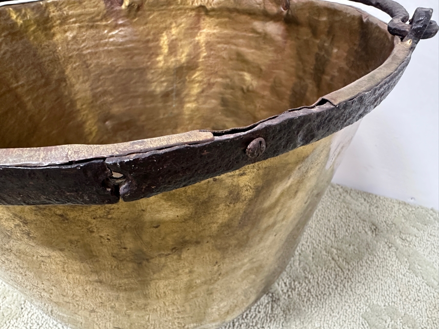 Just Added - Antique Hammered Brass Bucket With Hand Wrought Iron Handle 18W X 11H [Photo 7]