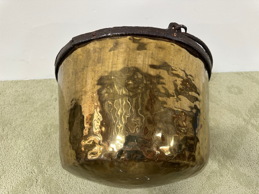 Just Added - Antique Hammered Brass Bucket With Hand Wrought Iron Handle 18W X 11H [Photo 9]