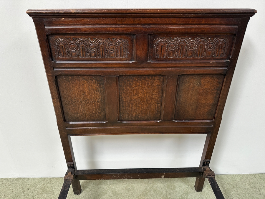 Just Added - Antique English Hand Carved Wooden Headboard & Footboard Bed With Cast Iron Railings 36'W X 47'H X 80'L [Photo 7]