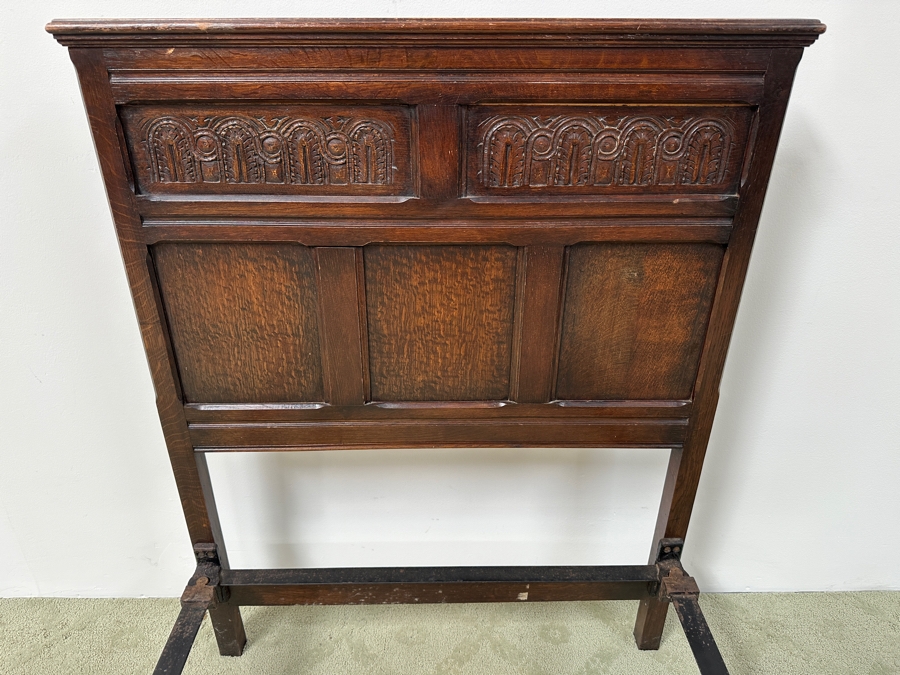 Just Added - Antique English Hand Carved Wooden Headboard & Footboard Bed With Cast Iron Railings 36'W X 47'H X 80'L [Photo 5]