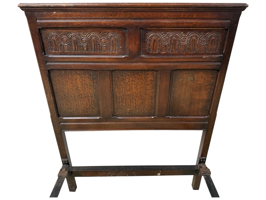 Just Added - Antique English Hand Carved Wooden Headboard & Footboard Bed With Cast Iron Railings 36'W X 47'H X 80'L