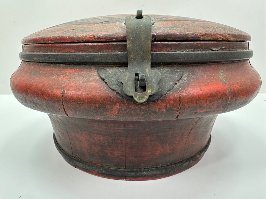 Vintage Chinese Export Wooden Lacquered Round Covered Container Food Lunch Box 12.5W X 6.5H [Photo 3]