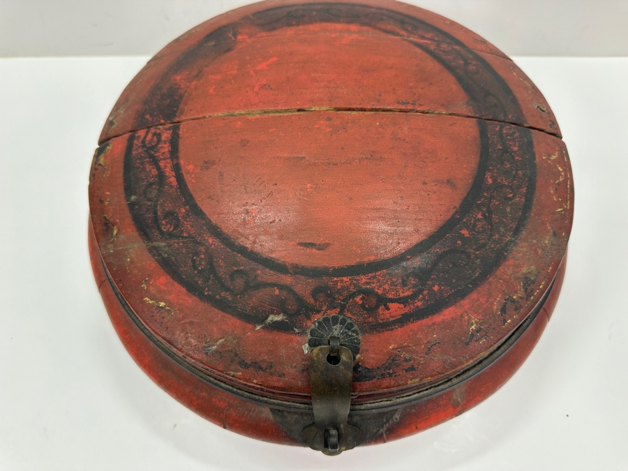 Vintage Chinese Export Wooden Lacquered Round Covered Container Food Lunch Box 12.5W X 6.5H [Photo 4]