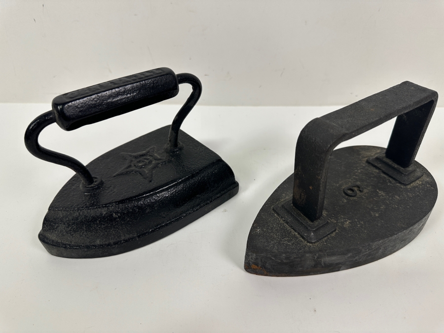 Pair of Antique Cast Iron Flat Irons - One Stamped Geneva Ill [Photo 2]