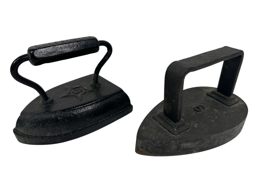 Pair of Antique Cast Iron Flat Irons - One Stamped Geneva Ill [Photo 1]