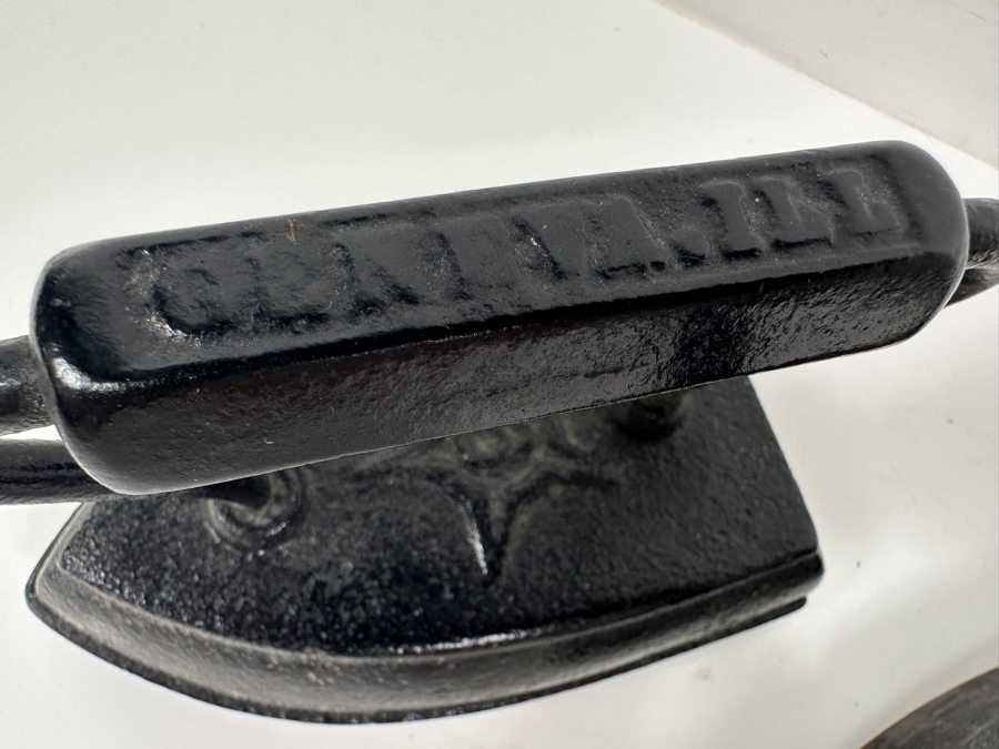 Pair of Antique Cast Iron Flat Irons - One Stamped Geneva Ill [Photo 3]