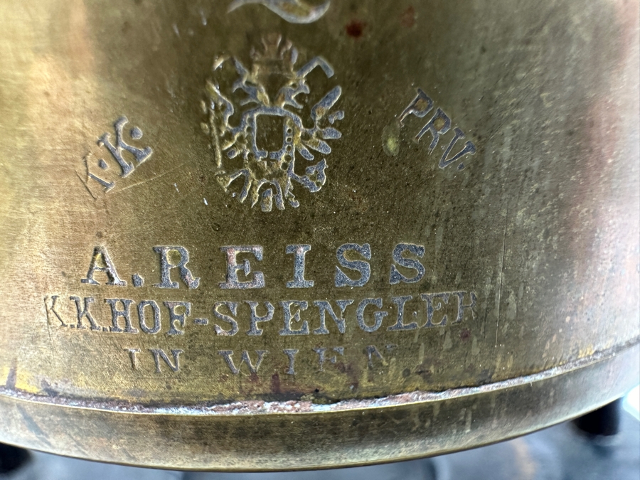 Antique A. Reiss Brass Tipping Coffee Pot On Wooden Base 10'H [Photo 5]