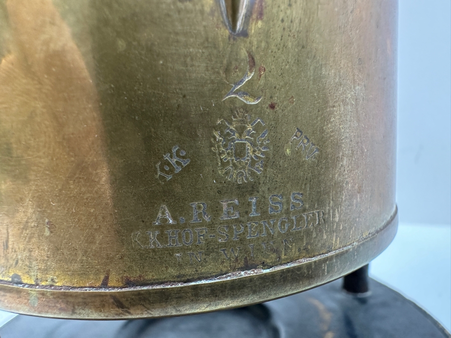 Antique A. Reiss Brass Tipping Coffee Pot On Wooden Base 10'H [Photo 3]