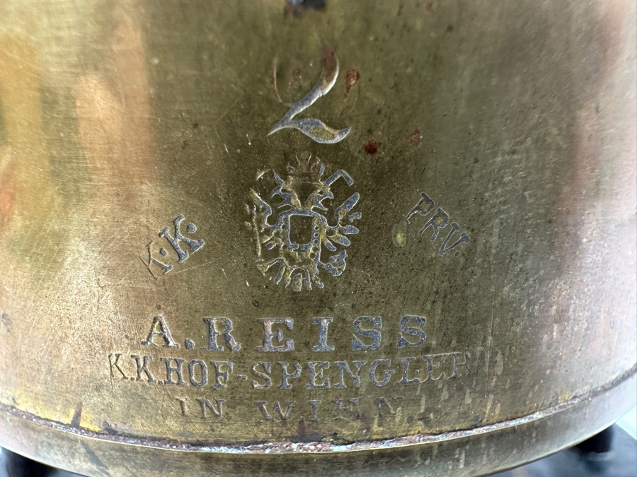 Antique A. Reiss Brass Tipping Coffee Pot On Wooden Base 10'H [Photo 4]