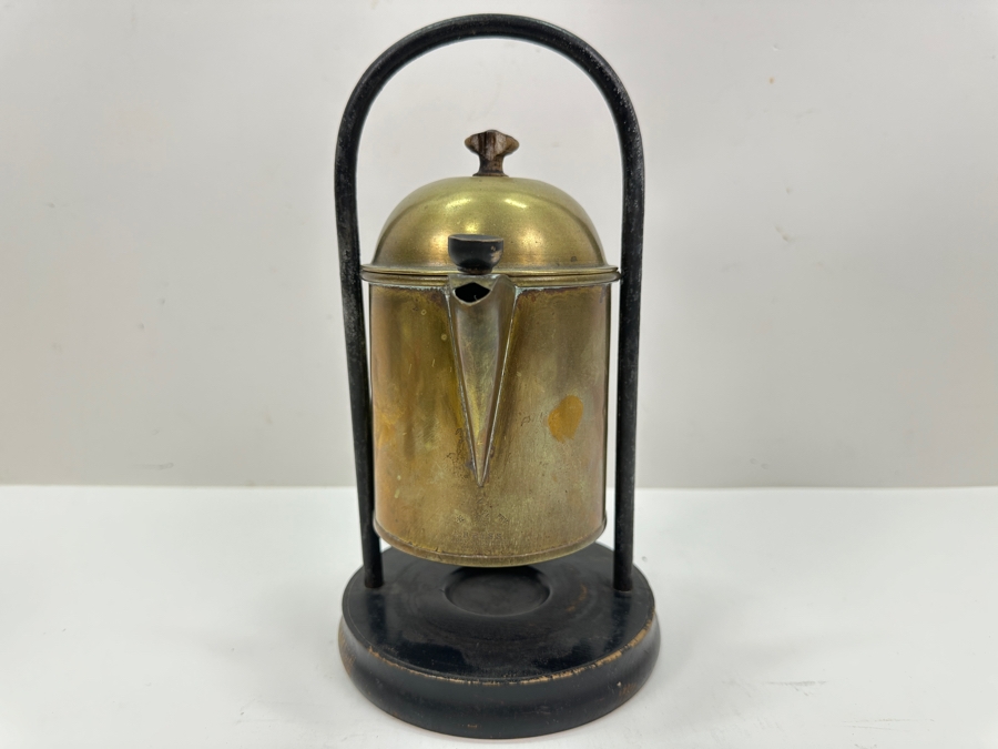 Antique A. Reiss Brass Tipping Coffee Pot On Wooden Base 10'H [Photo 2]