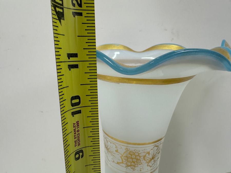Pair of Ruffled Rimmed Opaline Glass Vases with Gold Embellishments 11.25'H [Photo 4]