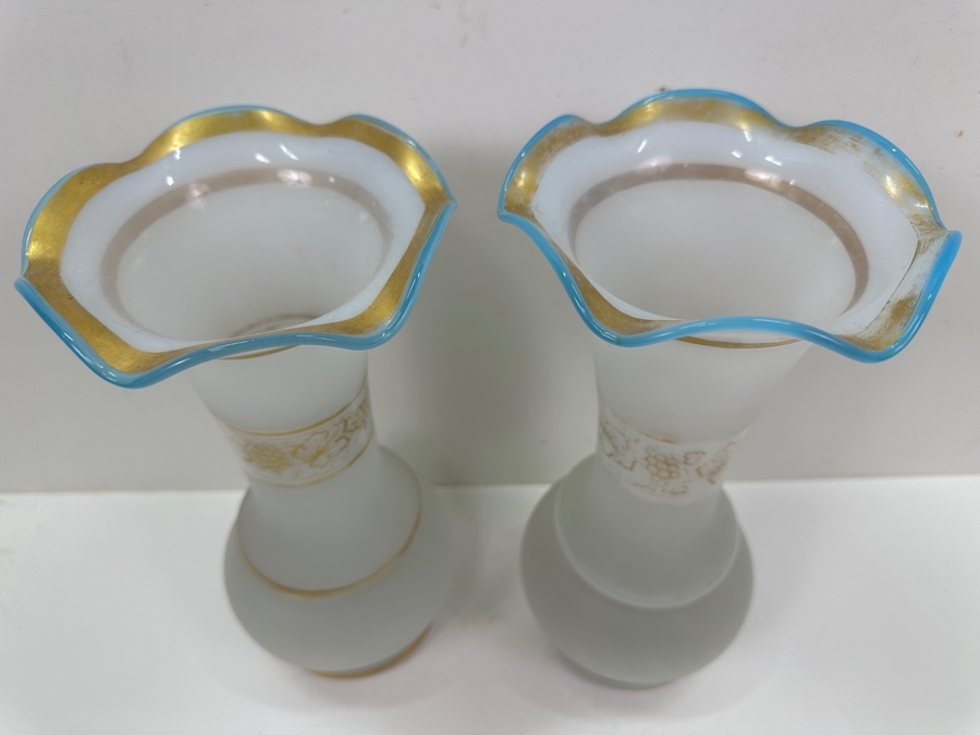 Pair of Ruffled Rimmed Opaline Glass Vases with Gold Embellishments 11.25'H [Photo 3]