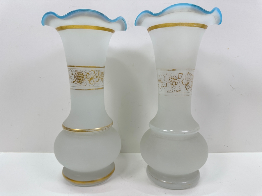 Pair of Ruffled Rimmed Opaline Glass Vases with Gold Embellishments 11.25'H [Photo 2]