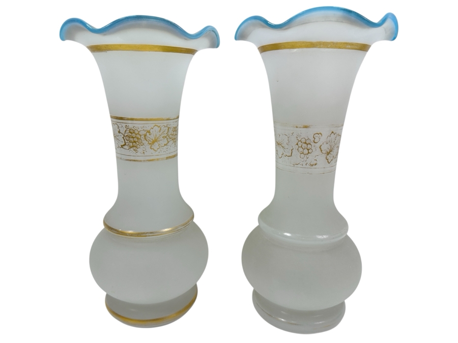 Pair of Ruffled Rimmed Opaline Glass Vases with Gold Embellishments 11.25'H [Photo 1]