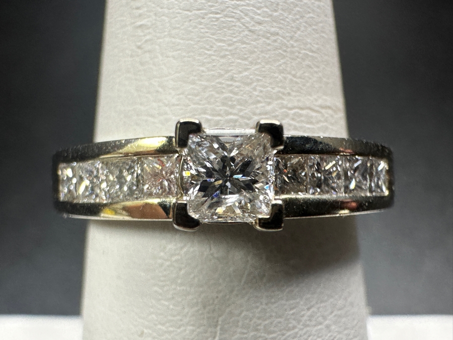 14k Gold and Diamond Ring With 3.5mm Princess Cut Diamond Set With (8) 2mm Princess Cut Diamonds Size 7 4.8g Retails $1,400 [Photo 3]