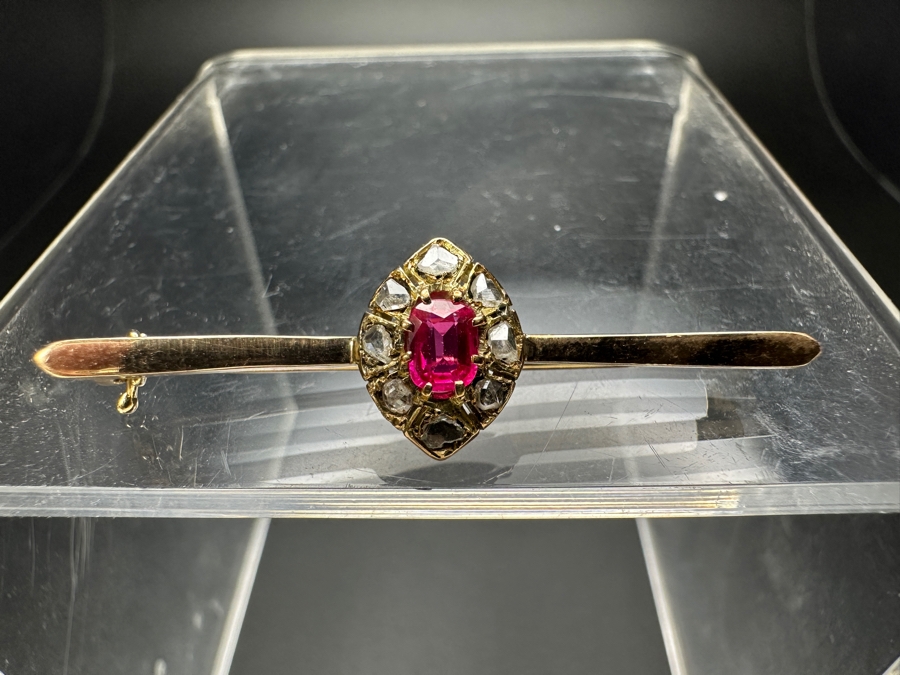 14k Gold Brooch Pin With Rough Cut Diamonds & Synthetic Spinel 2.9g Retails $600 [Photo 6]