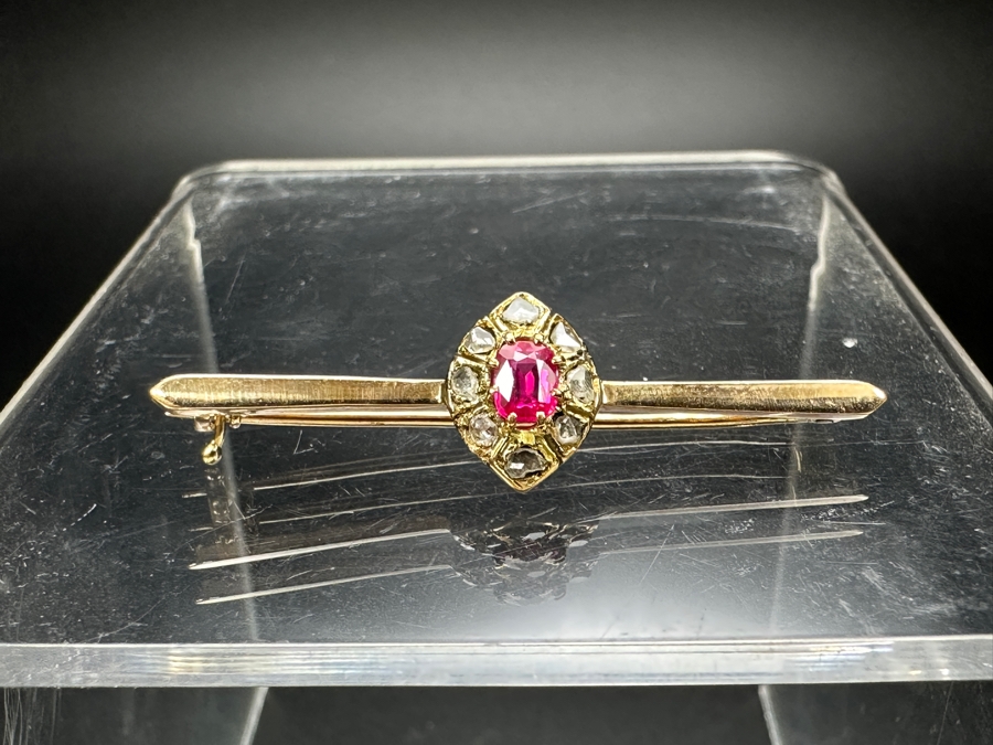 14k Gold Brooch Pin With Rough Cut Diamonds & Synthetic Spinel 2.9g Retails $600 [Photo 4]