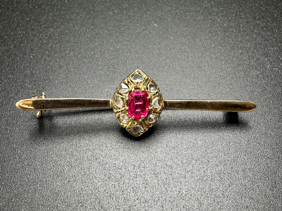 14k Gold Brooch Pin With Rough Cut Diamonds & Synthetic Spinel 2.9g Retails $600 [Photo 2]