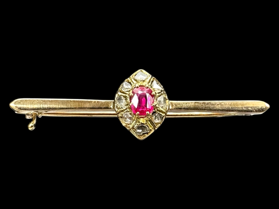 14k Gold Brooch Pin With Rough Cut Diamonds & Synthetic Spinel 2.9g Retails $600