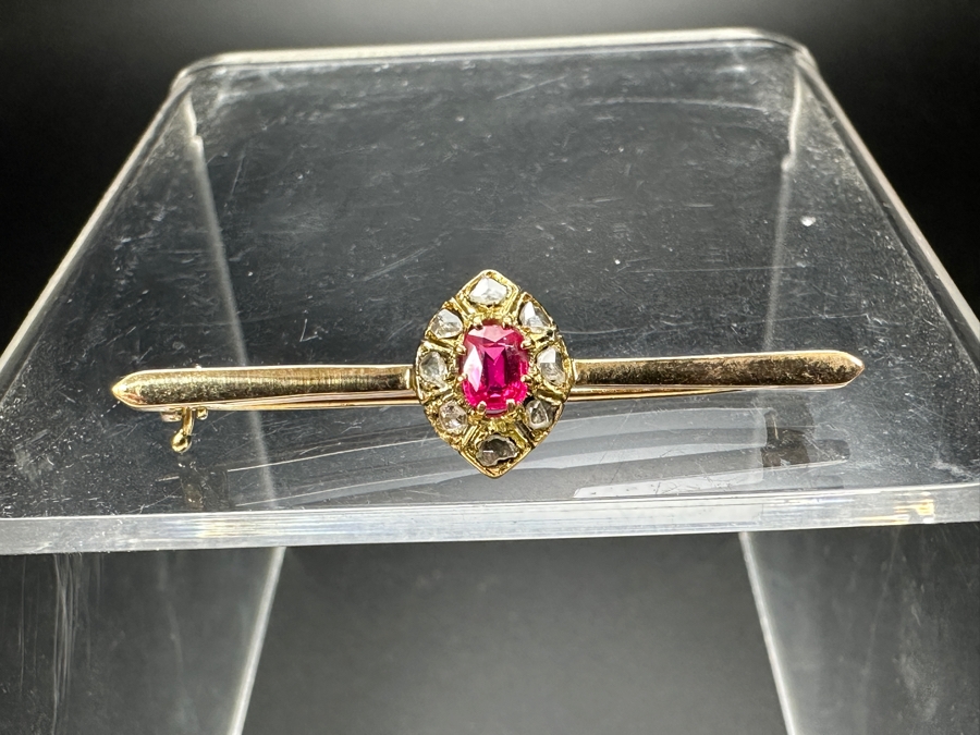 14k Gold Brooch Pin With Rough Cut Diamonds & Synthetic Spinel 2.9g Retails $600 [Photo 5]