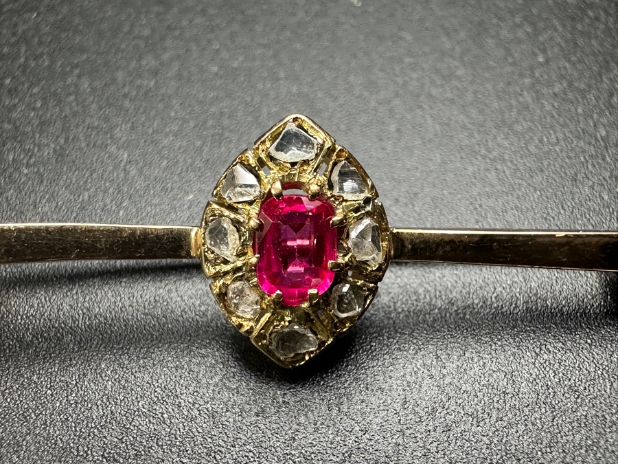 14k Gold Brooch Pin With Rough Cut Diamonds & Synthetic Spinel 2.9g Retails $600 [Photo 3]
