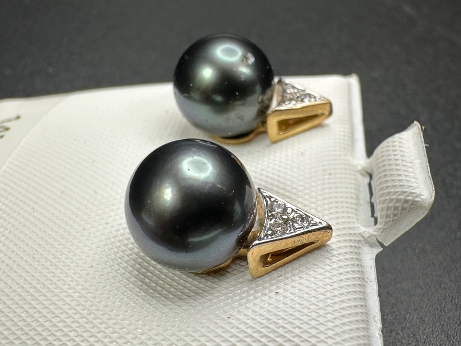 14k Gold (2) 9mm Tahitian Pearls With (6) 1mm Round Brilliant Diamonds Est. .05cttw 3.7g Retails $600 [Photo 5]